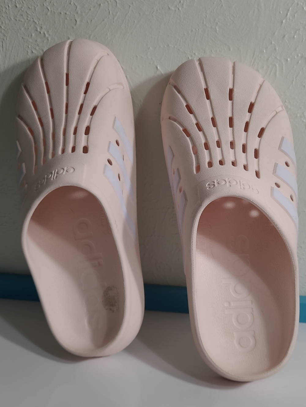 adidas Women’s Slip-On Mules in Light Pink with White Stripes